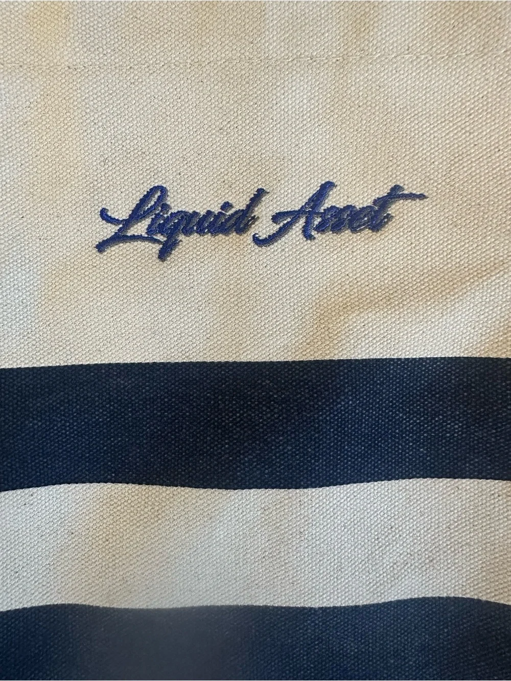 Liquid Asset Boat Tote White Navy Blue Stripe Thick Canvas Rope Handles Nautical